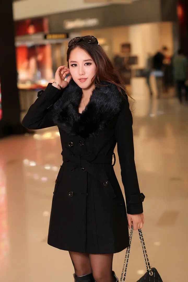 여성용 중간 길이 울 코트, 모피 칼라 스플라이스 블렌 - Wool Coat Peacoat 리뷰 및 가격